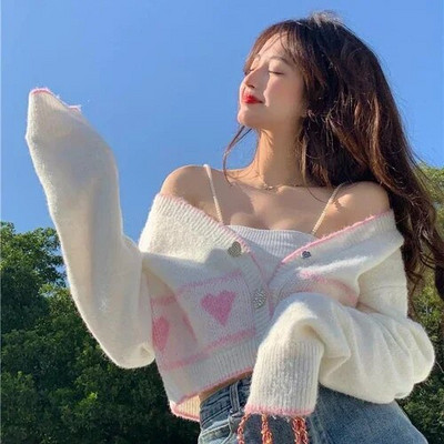 Korėjos mados saldus megztas megztinis moteriškas baltas širdies mygtukas žakardo megztinis paltas Y2k mielas trikotažas, apkarpytas viršus, rudens drabužiai