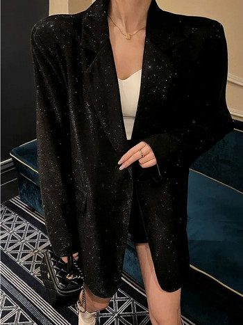 Дамско връхно облекло с блясък на ревери с пайети Луксозен моден джоб с дълъг ръкав Елегантно палто с блясък Дамско връхно облекло