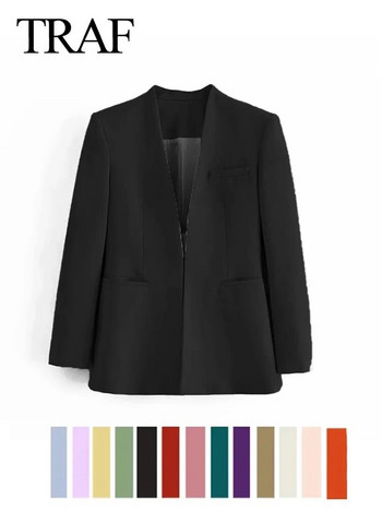 TRAF 2023 Γυναικεία Vintage Μόδα Απλό Μπλέιζερ μονόχρωμο μπεζ και μαύρο μακρυμάνικο γυναικεία ρούχα Γυναικεία επίσημο παλτό γραφείου