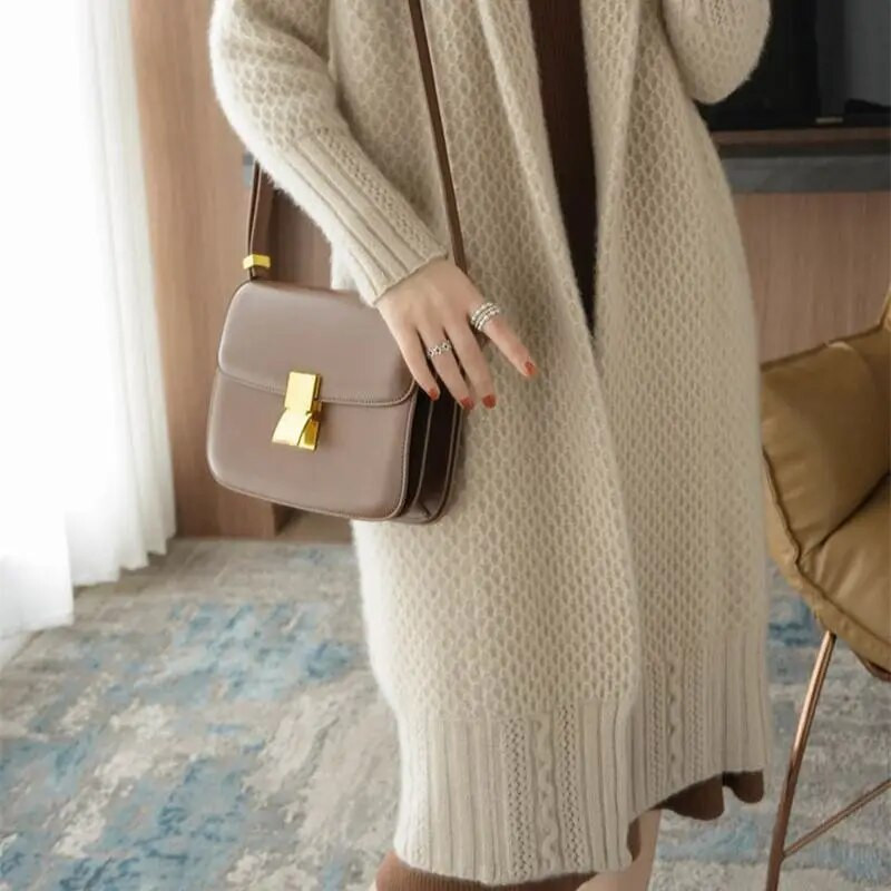 Nauji elegantiški megzti megztiniai ilgomis rankovėmis vidutinio ilgio paltai, dideli, 80 kg, laisvalaikio laisvi viršutiniai senoviniai moteriški žieminiai stori megztiniai Mujer