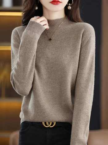Aliselect Висококачествен есенно-зимен пуловер от 100% мериносова вълна с макетно деколте с дълъг ръкав Дамски плетени основни пуловери Горнища
