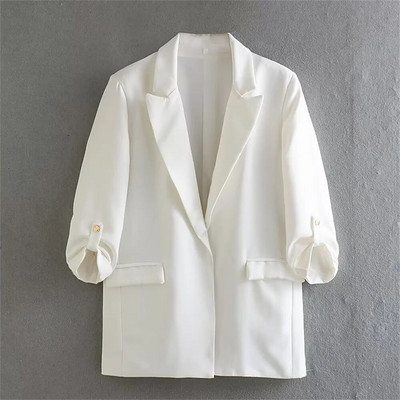 UNIZERA2023 Φθινοπωρινό γυναικείο απλό πέτο με μεσαίο φαρδύ μπλουζάκι με περιστρεφόμενα μανίκια και ανοιχτό μπλέιζερ χωρίς κουμπιά