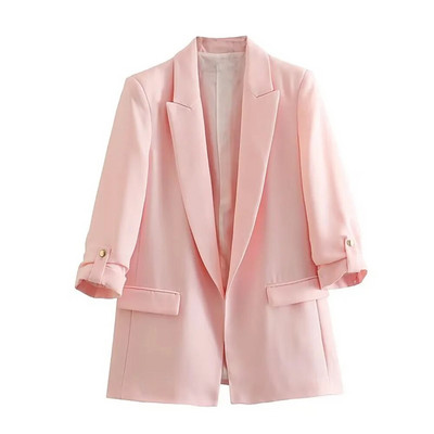 UNIZERA2023 Φθινοπωρινό γυναικείο απλό πέτο με μεσαίο φαρδύ μπλουζάκι με περιστρεφόμενα μανίκια και ανοιχτό μπλέιζερ χωρίς κουμπιά