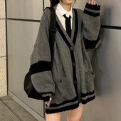 Deeptown γκρι ριγέ πλεκτό πουλόβερ Γυναικεία ζακέτα Κορεατικού στιλ Harajuku Oversize Jumper Preppy Fashion Γυναικεία μπλουζάκια χειμώνα