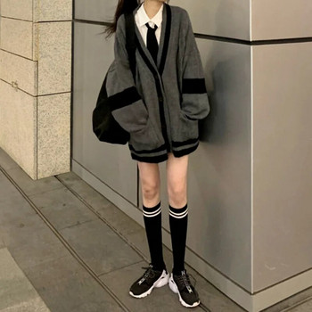 Deeptown γκρι ριγέ πλεκτό πουλόβερ Γυναικεία ζακέτα Κορεατικού στιλ Harajuku Oversize Jumper Preppy Fashion Γυναικεία μπλουζάκια χειμώνα