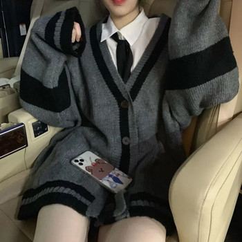 Deeptown γκρι ριγέ πλεκτό πουλόβερ Γυναικεία ζακέτα Κορεατικού στιλ Harajuku Oversize Jumper Preppy Fashion Γυναικεία μπλουζάκια χειμώνα