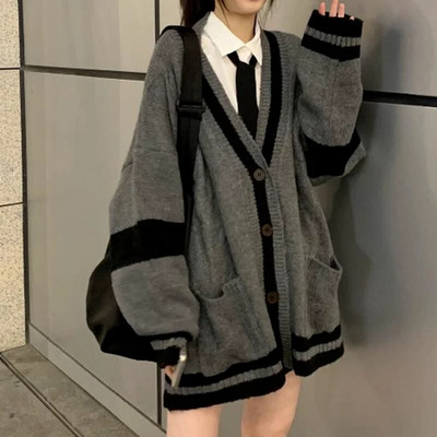 Deeptown γκρι ριγέ πλεκτό πουλόβερ Γυναικεία ζακέτα Κορεατικού στιλ Harajuku Oversize Jumper Preppy Fashion Γυναικεία μπλουζάκια χειμώνα