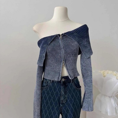 Seksualūs Y2k mados grunge kirpti megztiniai Moteriški gatvės drabužiai megzti 2023 m. viršutiniai dvigubi užtrauktukai estetiška kardigany Casaco Feminino