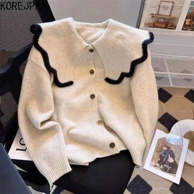 Korejpaa Casual Femei Cardigan 2023 Toamna Iarna Haine Peter Pan Guler Pulover Tricotat Manta Tricoturi Solid Topuri Dama