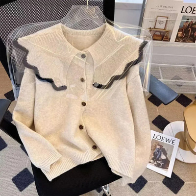 Korejpaa vabaaja naiste kampsun, 2023. aasta sügistalveriided Peter Pan krae kootud kampsun mantel kudumid soliidsed naiste topid