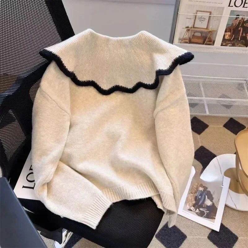 Korejpaa vabaaja naiste kampsun, 2023. aasta sügistalveriided Peter Pan krae kootud kampsun mantel kudumid soliidsed naiste topid