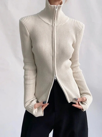 Πλεκτά Γυναικεία ζακέτα ιδιοσυγκρασία Vintage Sueter Turtlenevk Διπλά φερμουάρ Pull Femme Φθινοπωρινά casual πουλόβερ με ραβδώσεις