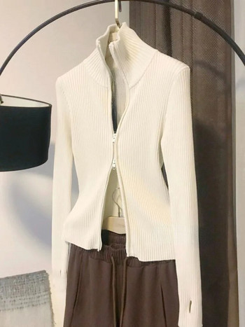 Πλεκτά Γυναικεία ζακέτα ιδιοσυγκρασία Vintage Sueter Turtlenevk Διπλά φερμουάρ Pull Femme Φθινοπωρινά casual πουλόβερ με ραβδώσεις