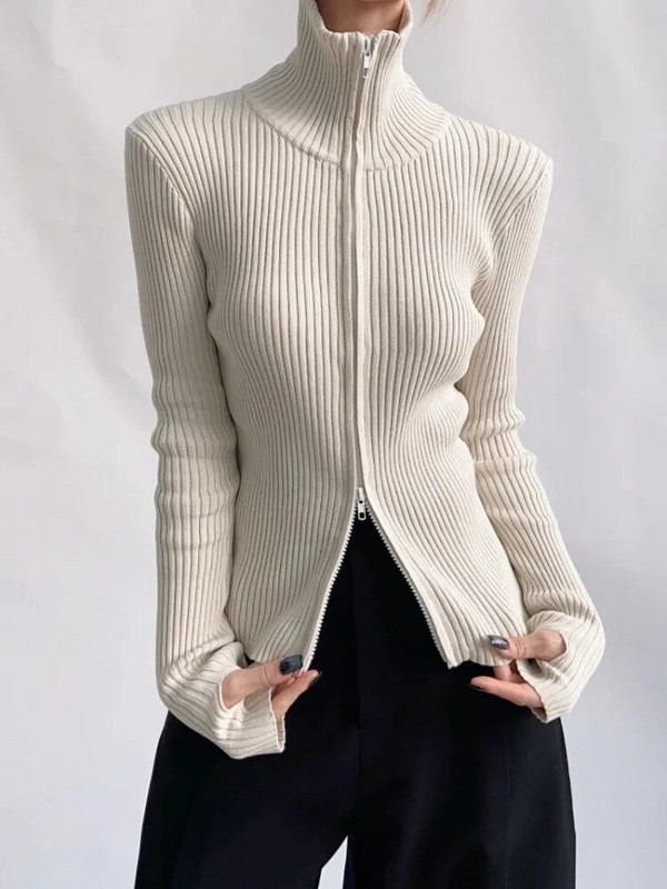 Trikotažas Moteriškas megztinis paltas Temperamentas Vintage Sueter Turtlenevk Dvigubi užtrauktukai Pull Femme Rudens laisvalaikio briaunoti megztiniai