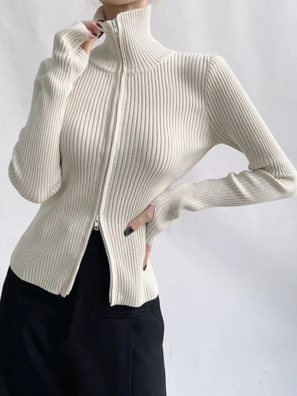 Trikotažas Moteriškas megztinis paltas Temperamentas Vintage Sueter Turtlenevk Dvigubi užtrauktukai Pull Femme Rudens laisvalaikio briaunoti megztiniai