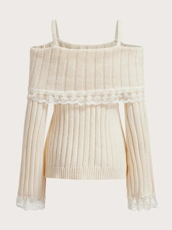 Дамски студени пуловери с рамена, дълги ръкави, контрастни дантелени плетени пуловери, джъмпъри с панделка отпред