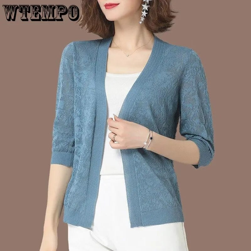 Uued ülisuured 5XL suvised kootud kardiganjakid poolvarrukatega pitsist kudumid mantlid Korea elegantsed trendikad õõnsad päikesekaitsetoosid