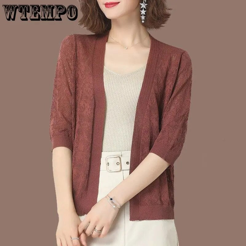 Uued ülisuured 5XL suvised kootud kardiganjakid poolvarrukatega pitsist kudumid mantlid Korea elegantsed trendikad õõnsad päikesekaitsetoosid