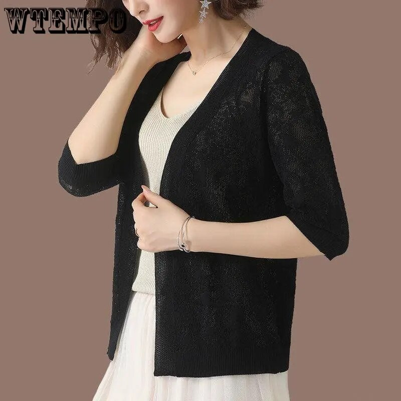 Uued ülisuured 5XL suvised kootud kardiganjakid poolvarrukatega pitsist kudumid mantlid Korea elegantsed trendikad õõnsad päikesekaitsetoosid