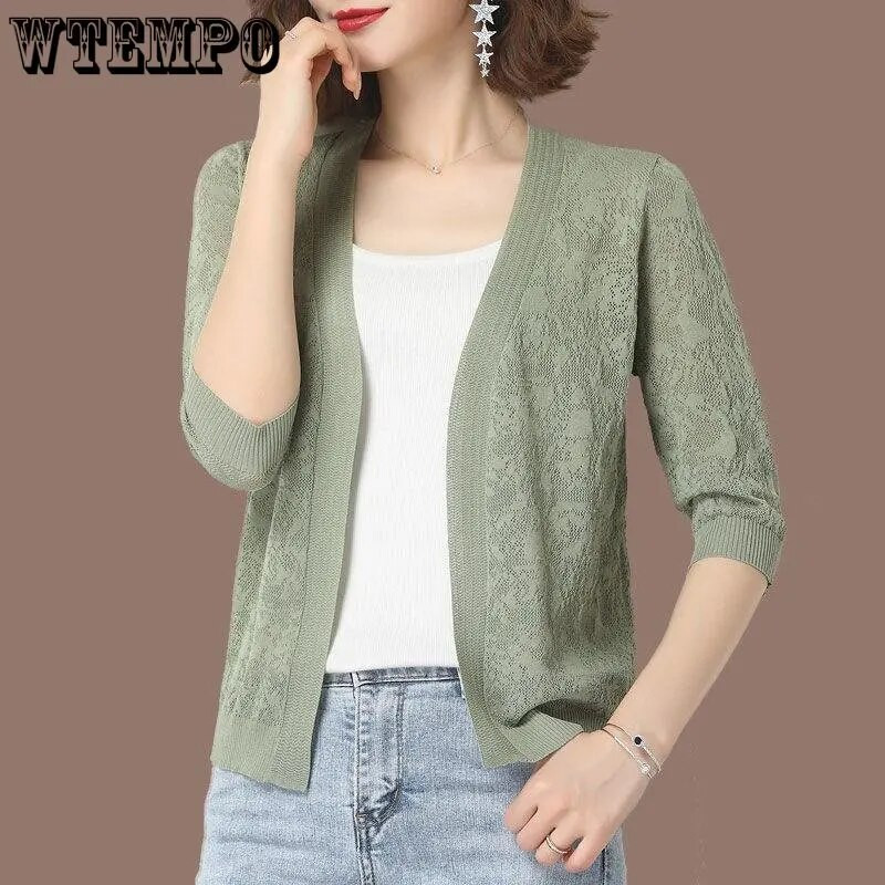 Uued ülisuured 5XL suvised kootud kardiganjakid poolvarrukatega pitsist kudumid mantlid Korea elegantsed trendikad õõnsad päikesekaitsetoosid