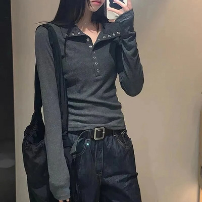 Biyaby Button Up naiste silmkoeline kampsun Y2K pikkade varrukatega Slim Fit pulloverid naistele Sügis-talv Kõik sobivad alumised topid