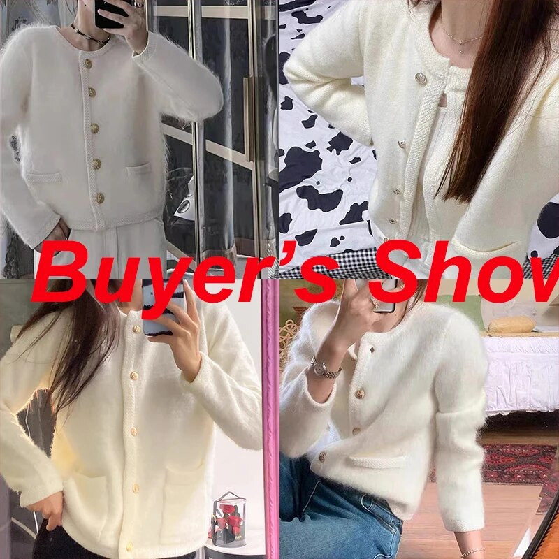 Rimocy κομψό πλεκτό λευκό μπουφάν Γυναικείο με στρογγυλή λαιμόκοψη Φθινόπωρο Χειμώνας Fuzzy Cardigan Woman 2023 Νέο μακρυμάνικο πουλόβερ