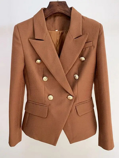 HIGH STREET Naujausias 2023 m. kilimo ir tūpimo tako dizainerio švarkas, moteriškas klasikinis „liūto“ sagomis, dvieilis, plonas, prigludęs tekstūruotas švarkas