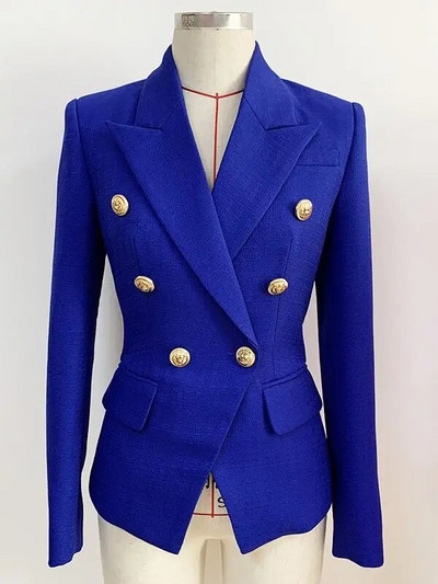 HIGH STREET Naujausias 2023 m. kilimo ir tūpimo tako dizainerio švarkas, moteriškas klasikinis „liūto“ sagomis, dvieilis, plonas, prigludęs tekstūruotas švarkas