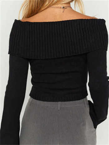 CHRONSTYLE Дамски плетени пуловери с наклонено деколте Горнища Улично облекло С дълги ръкави с отворени рамена Оребрени пуловери Slim Fit Causal Jumpers