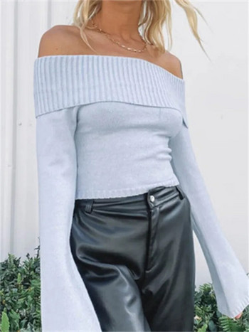 CHRONSTYLE Дамски плетени пуловери с наклонено деколте Горнища Улично облекло С дълги ръкави с отворени рамена Оребрени пуловери Slim Fit Causal Jumpers
