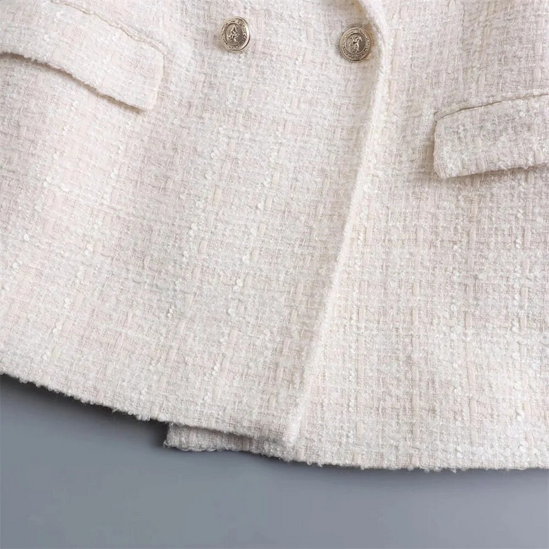 Elegantiškos tekstūros moteriškas dvigubas tvido kostiumas ilgomis rankovėmis kišeninė striukė Madinga moteriška gatvės viršūnė