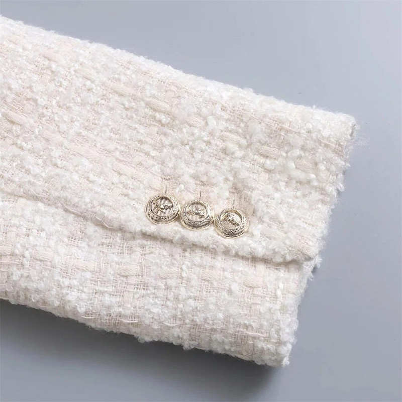 Elegantiškos tekstūros moteriškas dvigubas tvido kostiumas ilgomis rankovėmis kišeninė striukė Madinga moteriška gatvės viršūnė