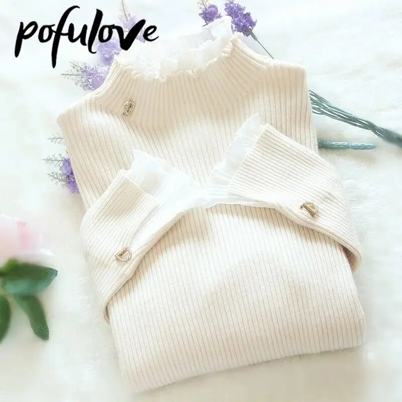 Moteriškas megztinis su vėžiu, nėriniuotas raukinis megztinis, moteriškas trimeto rankovių viršus, vienspalvis trikotažo madingas megztinis rudens žiema