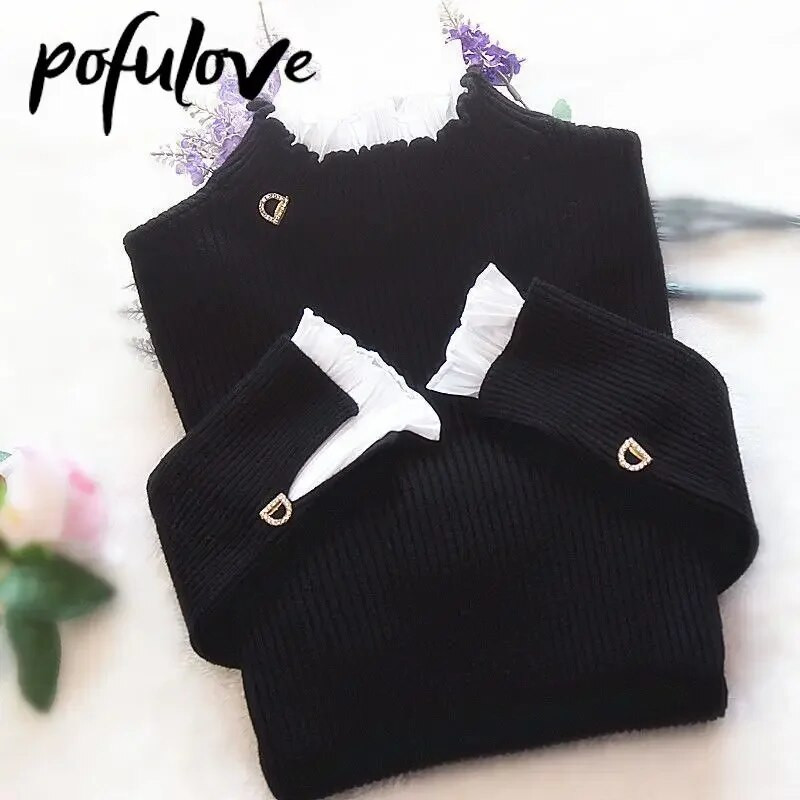 Moteriškas megztinis su vėžiu, nėriniuotas raukinis megztinis, moteriškas trimeto rankovių viršus, vienspalvis trikotažo madingas megztinis rudens žiema