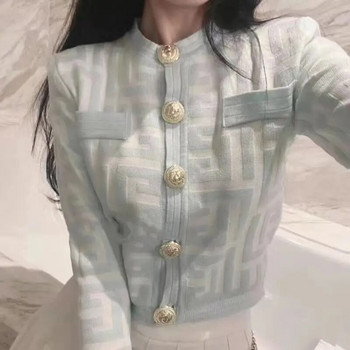 Γυναικείο παλτό 2023 Vintage Temperament Κομψή ζακέτα με λαιμόκοψη σε O με μακρύ μανίκι Casual Loose ίσια κουμπιά εκτύπωσης Νέο
