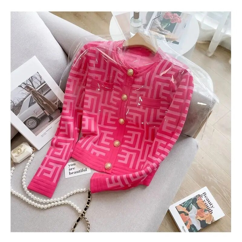 Naiste rõivamantel 2023. aasta Vintage temperament Elegantne kardigan O-kaelusega pikkade varrukatega vabaaja lahtised sirged trükinööbid Uus