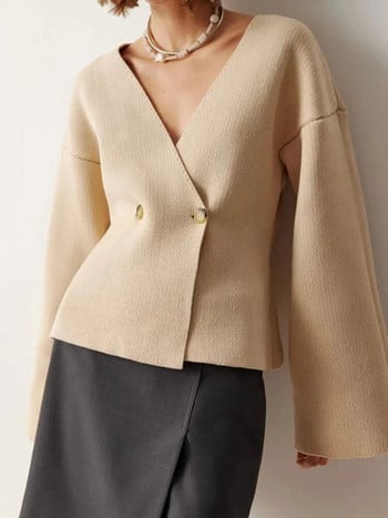 Φθινοπωρινό Μόδα Ζακέτα με λαιμόκοψη V για Γυναικεία Vintage μακρυμάνικο παλτό ζακέτα με διπλό κουμπί Κομψό γυναικείο πλεκτό δρόμου