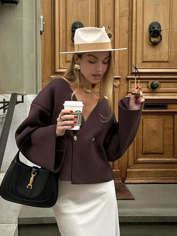 Őszi divatos V-nyakú kardigán pulóver nőknek Vintage hosszú ujjú, duplagombos kardigán kabát Elegáns női utcai kötöttáru