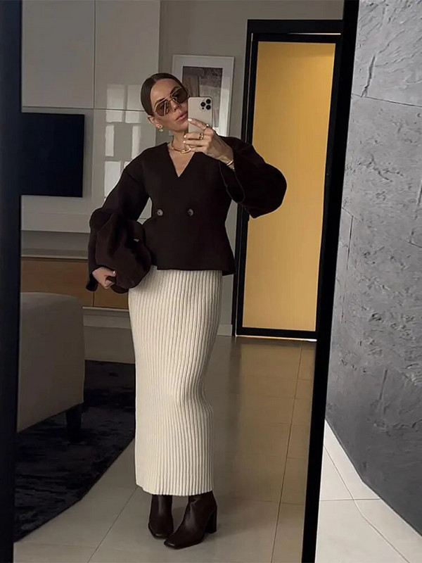 Őszi divatos V-nyakú kardigán pulóver nőknek Vintage hosszú ujjú, duplagombos kardigán kabát Elegáns női utcai kötöttáru