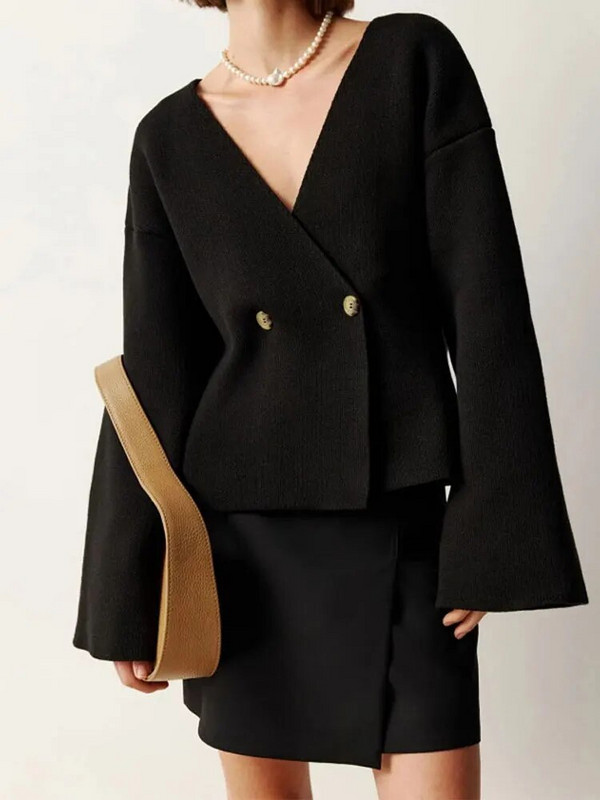 Őszi divatos V-nyakú kardigán pulóver nőknek Vintage hosszú ujjú, duplagombos kardigán kabát Elegáns női utcai kötöttáru