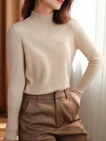 φθινοπωρινό χειμωνιάτικο κομψό κάτω πουλόβερ γυναικεία πουλόβερ με ζιβάγκο, λεπτό μακρυμάνικο 2023 πλεκτό Jumper Soft Warm Pull Femme