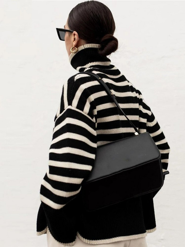 Μαύρο και άσπρο πουλόβερ με ρίγες Streetwear Φαρδιά μπλουζάκια Γυναικεία πουλόβερ Γυναικείο πουλόβερ με μακρυμάνικο ζιβάγκο Πλεκτά πουλόβερ με ραβδώσεις