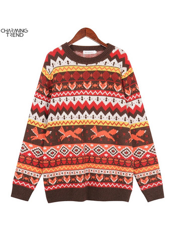 Charmingtrend Винтидж пуловери Зимни удебелени трикотажни пуловери Дамски извънгабаритни национални жакардови пуловери Горни пуловери на райета