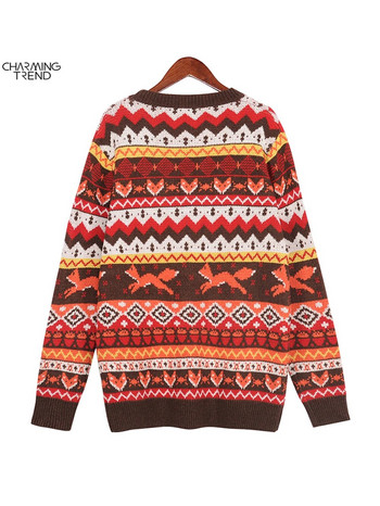 Charmingtrend Винтидж пуловери Зимни удебелени трикотажни пуловери Дамски извънгабаритни национални жакардови пуловери Горни пуловери на райета