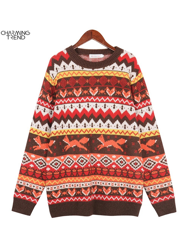 Charmingtrend Vintage Džemperi Ziemas Biezi Trikotāžas Puloveri Sieviešu Lielizmēra nacionālais žakarda džemperis Svītraini augšējie džemperi