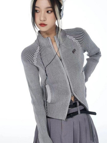 KOSAHIKI Винтидж жилетка с цип Дамска бродерия Y2k Естетичен гръндж пуловер якета Женски Harajuku тънки плетени палта Femme