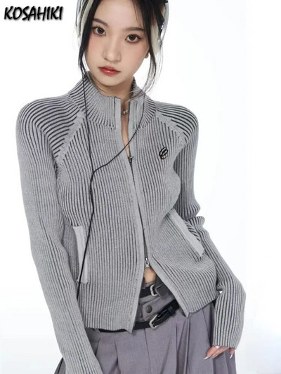 KOSAHIKI Винтидж жилетка с цип Дамска бродерия Y2k Естетичен гръндж пуловер якета Женски Harajuku тънки плетени палта Femme