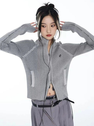 KOSAHIKI Vintažinis megztinis su užtrauktuku moteriškas siuvinėjimas Y2k Estetinis Grunge megztinis švarkai Moteriški Harajuku ploni megzti moteriški paltai