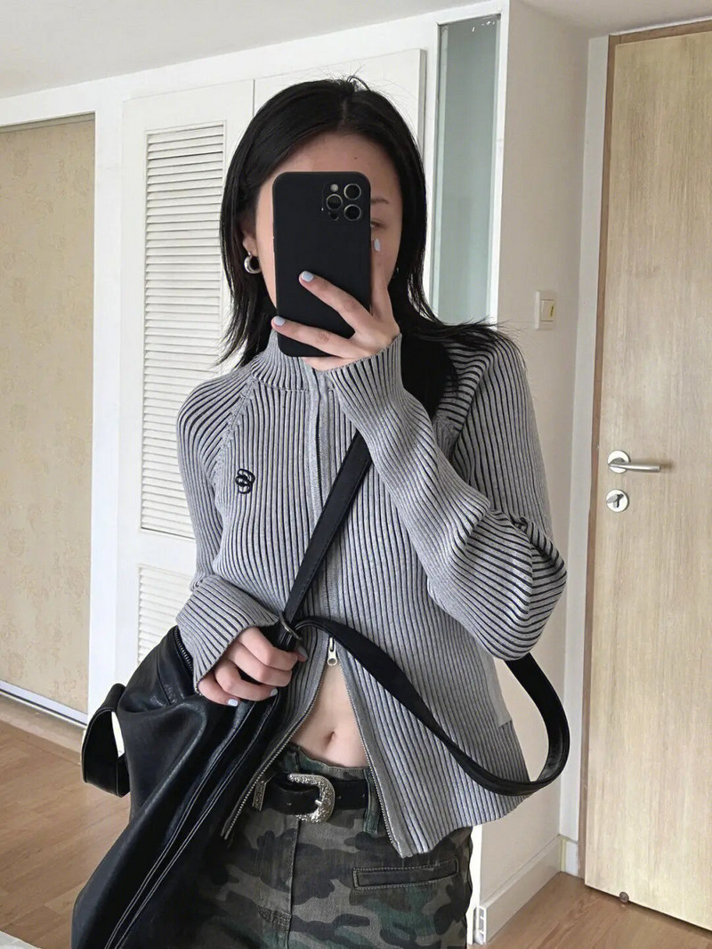 KOSAHIKI Vintažinis megztinis su užtrauktuku moteriškas siuvinėjimas Y2k Estetinis Grunge megztinis švarkai Moteriški Harajuku ploni megzti moteriški paltai