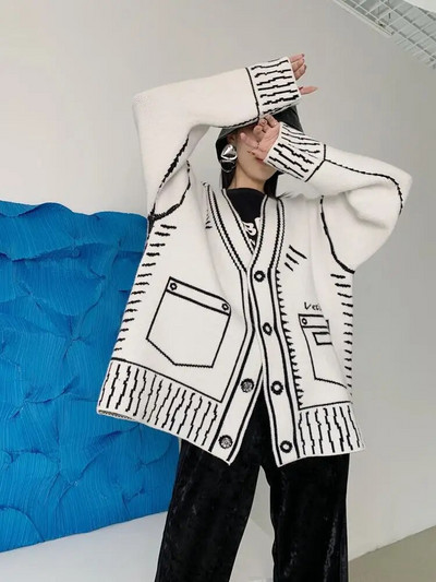 Karrrram Print Graffiti unikaalne naiste kardigan, vaba V-kaelusega pikkade varrukatega luksuslik kootud naiste kampsun mantel Y2k 2021 talv